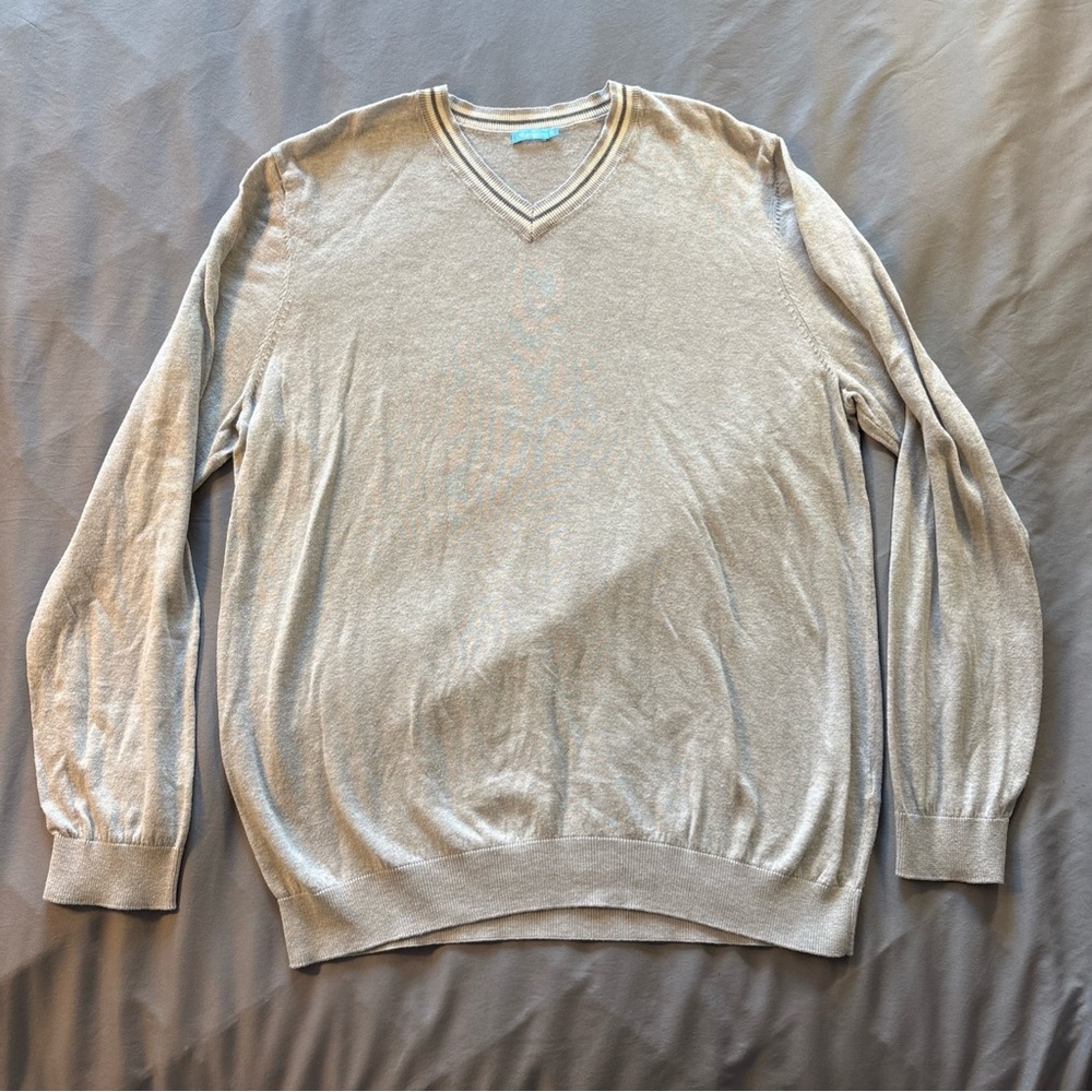 J. McLaughlin Keene V Neck Sweater Gray Sz XL Cashmere Cotton Preppy Classic